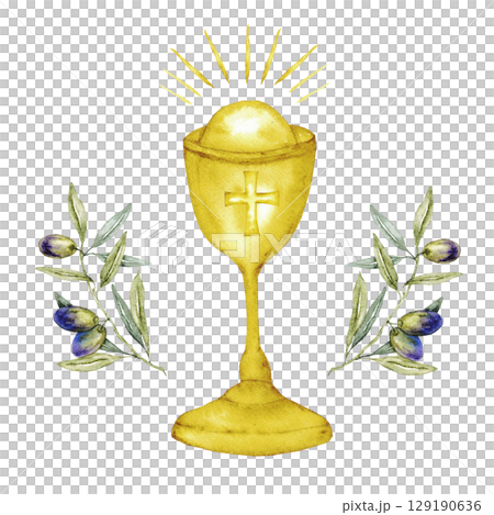 Chalice wit olive branches. Watercolor composition with catholic religious symbols. Isolated on white background. For first communion, wedding, baprism greeting card, invitation 129190636
