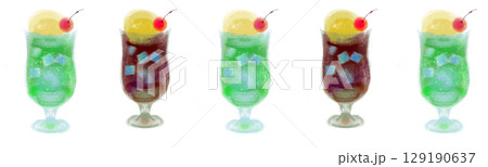 コーラとクリームソーダのライン素材 – レトロな夏のドリンク飾り 129190637