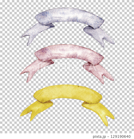 Watercolor set of holiday ribbons. Blue, pink and yellow (gold) elements. Hand drawn. Isolated on a white background. For first communion, birthday, wedding, baptism design 129190640