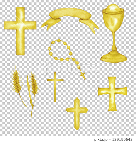 Golden First communion set with chalice, crosses, rosary, ears of wheat and ribbon. Hand drawn. Christian elements, catholic religion icons. Watercolor illustration Golden First communion set with chalice, crosses, rosary, ears of wheat and ribbon. Hand drawn. Christian elements, catholic religion icons. Watercolor illustration 129190642