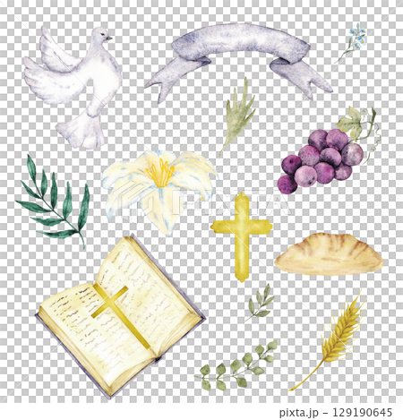 Big set of christian elements. Cross, Bible, dove of peace, ear, green leaves, white flower, bread, bunch of grape, ribbon. Catholic religion icons. Hand drawn. For first communion, wedding, baptism Big set of christian elements. Cross, Bible, dove of peace, ear, green leaves, white flower, bread, bunch of grape, ribbon. Catholic religion icons. Hand drawn. For first communion, wedding, baptism 129190645