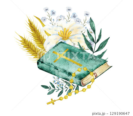 Bible and ears of wheat, flowers, green leaves. Hand drawn. Isolated. Watercolor illustration for first communion, baptism, wedding greeting cards, invitation 129190647