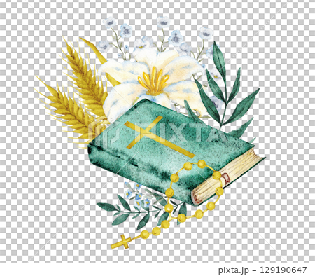 Bible and ears of wheat, flowers, green leaves. Hand drawn. Isolated. Watercolor illustration for first communion, baptism, wedding greeting cards, invitation Bible and ears of wheat, flowers, green leaves. Hand drawn. Isolated. Watercolor illustration for first communion, baptism, wedding greeting cards, invitation 129190647