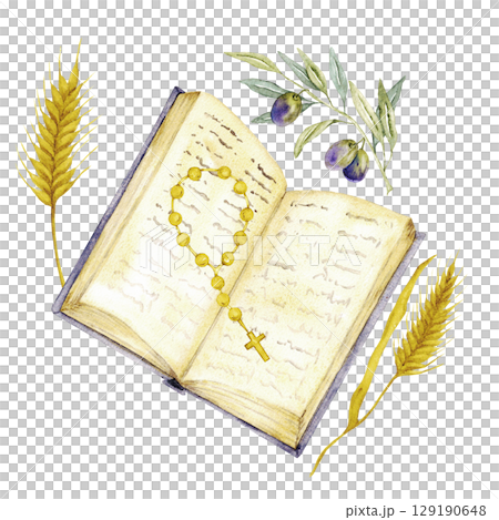 Open Bible, rosary, olive branch and ears of wheat. Watercolor composition for first communion, baptism, wedding greeting cards, invitation. Save the date, anniversary. Hand drawn. Isolated 129190648