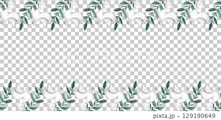 Seamless border of doves and green branches. Hand drawn. Watercolor illustration. Isolated. For first communion, baptism, wedding greeting cards, invitation, save the date, birthday. Copy space 129190649