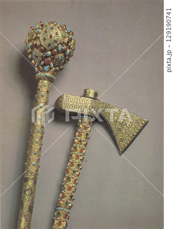 Kremlin, Moscow, Russia - circa 1982: Postcard depicting MACE AND AXE Iran, 2nd half of the 17th century. Kremlin, Moscow, Russia - circa 1982: Postcard depicting MACE AND AXE Iran, 2nd half of the 17th century. 129190741