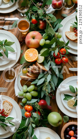 Festive dining table adorned with colorful seasonal produce, fresh bread, and eucalyptus, presenting elegant rustic centerpiece arrangement with warm, inviting Festive dining table 129190812