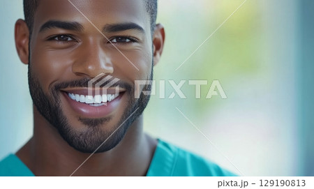 Professional medical worker standing confidently in hospital, African American male in blue scrubs, warm smile expressing compassionate healthcare medical worker 129190813