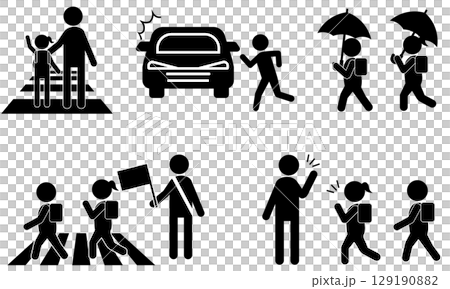 一組代表小學生上學途中和當地觀察活動的象形圖 一組代表小學生上學途中和當地觀察活動的象形圖 129190882