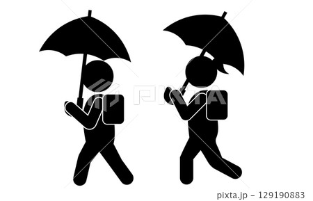 雨の日に傘をさして登校する小学生のピクトグラム 129190883