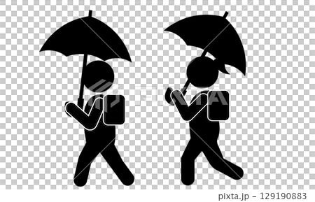 雨の日に傘をさして登校する小学生のピクトグラム 129190883