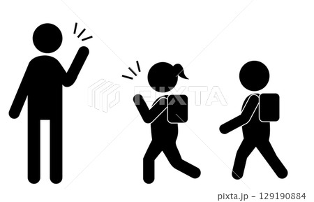 登校中に挨拶を交わす小学生と地域の大人のピクトグラム 129190884
