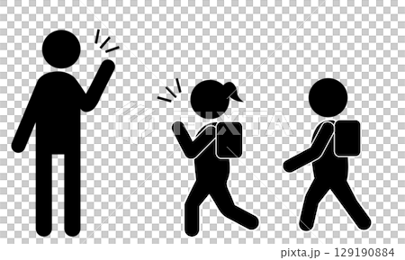 登校中に挨拶を交わす小学生と地域の大人のピクトグラム 129190884