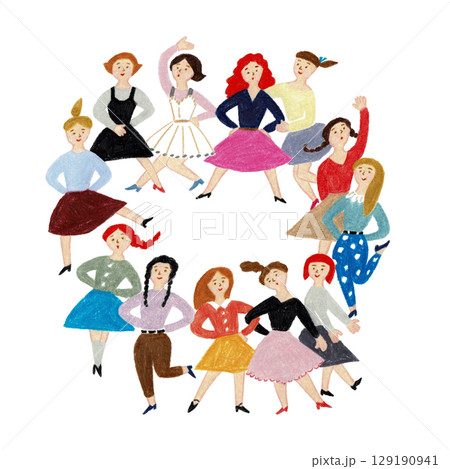 手描きイラスト　輪になってポーズをとる女の子たち　 129190941