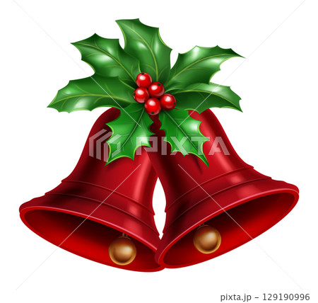 Red Christmas bells with lush green holly leaves. 129190996