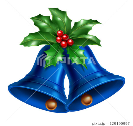 Blue Christmas bells with lush green holly leaves. 129190997