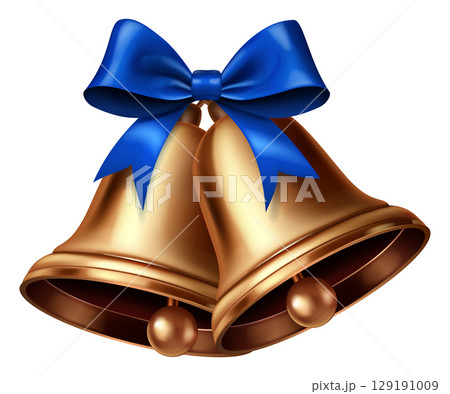 Golden Christmas bells adorned with a blue bow. 129191009