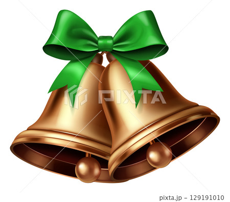 Golden Christmas bells adorned with a green bow. 129191010