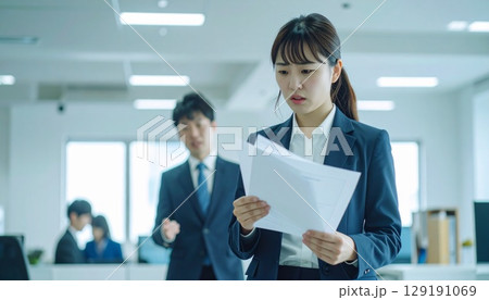 職場で叱責される女性社員と指差す男性社員 129191069