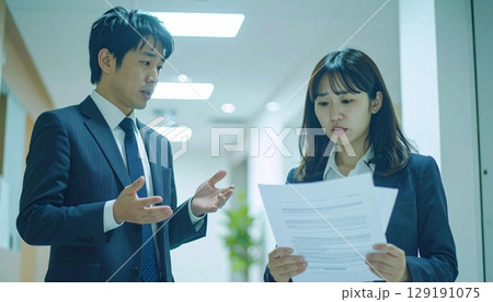 職場で叱責される女性社員と指差す男性社員 129191075