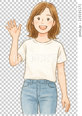 Illustration of a woman in a white T-shirt waving (cutout) 129191171