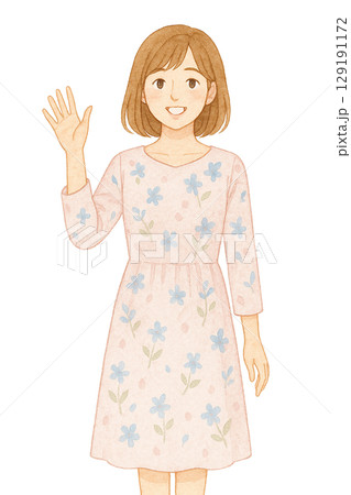 花柄ワンピースの女性が手を振るイラスト(切り抜き) 花柄ワンピースの女性が手を振るイラスト(切り抜き) 129191172