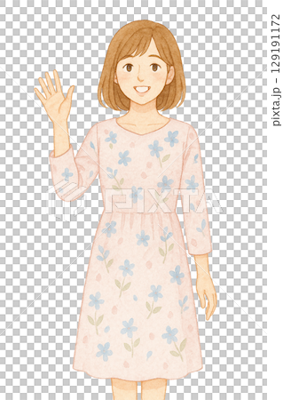 花柄ワンピースの女性が手を振るイラスト(切り抜き) 花柄ワンピースの女性が手を振るイラスト(切り抜き) 129191172