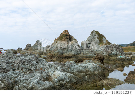 新潟県佐渡市 佐渡島七浦海岸の夫婦岩 新潟県佐渡市 佐渡島七浦海岸の夫婦岩 129191227