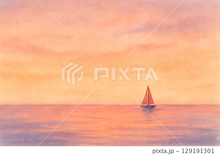 夕焼けに染まる海とヨットの水彩イラスト（JPEG） 129191301
