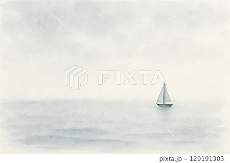 霧の海に浮かぶヨットの静かな風景水彩イラスト(JPEG) 霧の海に浮かぶヨットの静かな風景水彩イラスト(JPEG) 129191303