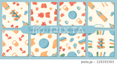 Seamless pattern set of colorful fitness and gym equipment. Flat style design with workout tools and training accessories creates vibrant background. Ideal for sport decor textile designs. 129191503