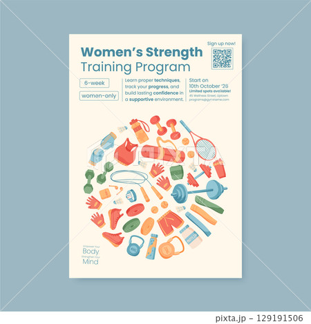 Minimal fitness banner design with sport equipment and gym tools in a colorful layout. Perfect for workout and training programs, health lifestyle promotions, exercise backgrounds. Clean modern Minimal fitness banner design with sport equipment and gym tools in a colorful layout. Perfect for workout and training programs, health lifestyle promotions, exercise backgrounds. Clean modern 129191506