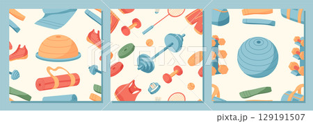 Seamless pattern of colorful sport equipment in flat style set. Trendy set of workout tools like dumbbells, mats, and sneakers in gym background. Perfect for exercise themes, training visuals, or Seamless pattern of colorful sport equipment in flat style set. Trendy set of workout tools like dumbbells, mats, and sneakers in gym background. Perfect for exercise themes, training visuals, or 129191507