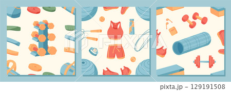 Flat seamless sport equipment pattern featuring gym accessories and workout tools in a colorful set. Perfect background for fitness, training, and exercise decor, showcasing healthy lifestyle themes 129191508