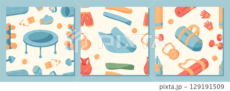 Colorful seamless pattern of sport equipment set. Includes set of gym gear with kettlebell, dumbbell, and other tools. Fitness and workout background for training dynamic lifestyle. Colorful seamless pattern of sport equipment set. Includes set of gym gear with kettlebell, dumbbell, and other tools. Fitness and workout background for training dynamic lifestyle. 129191509