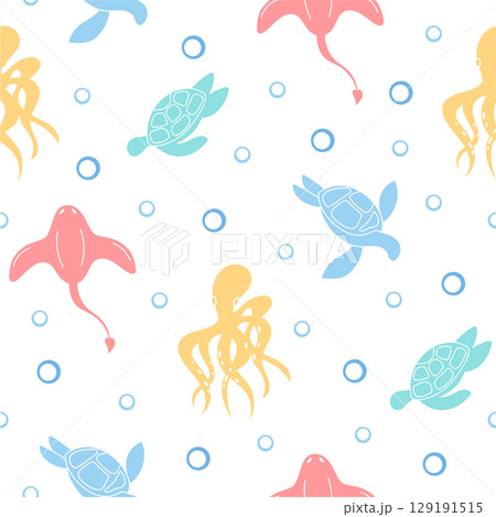 Seamless marine pattern with aquatic creatures in flat cartoon graphic style. Ocean life features turtles and octopuses swimming underwater. Playful sea background, ideal for summer themes or 129191515