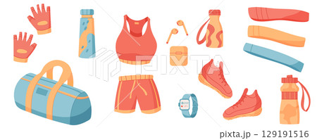 Cartoon flat gym equipment set with workout accessories. Bag, sneakers, gloves, and bottle create fitness and exercise tools. Vibrant background highlights sport lifestyle training essentials. 129191516