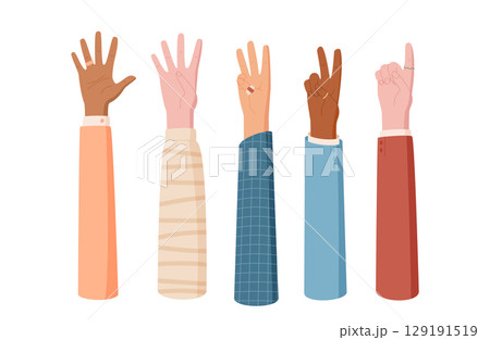 Flat cartoon hand count gesture set. Diverse fingers show count and number with colorful clothes. Isolated concept for educational use in schools and learning environments. 129191519