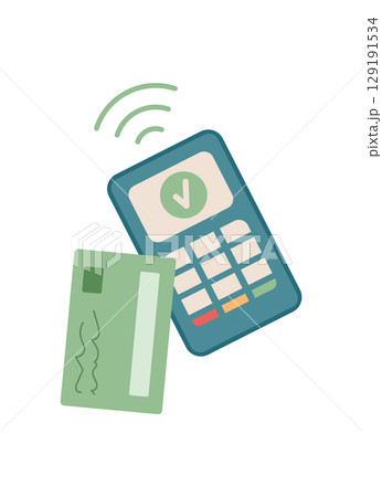 Plastic card and payment terminal. Currency card for finance. Payment concept, flat style, suitable for business use. Human interaction with phone demonstrates ease of transactions. 129191534