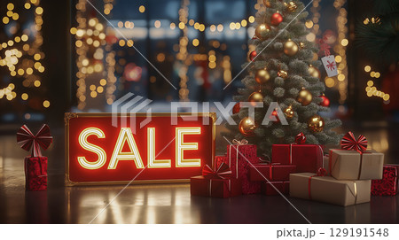 クリスマスセールのディスプレイと輝くギフトたち 129191548
