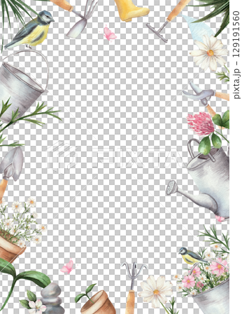 Vertical watercolor frame with garden tools, watering can, clay pots, clover, chamomile, flowers, and birds with a butterfly. Pink and white flowers, space for text. White background. 129191560