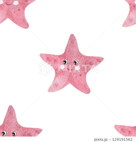 Seamless watercolor pattern featuring a pink starfish with eyes and a smile. Children's marine theme. White background, hand-drawn. Seamless watercolor pattern featuring a pink starfish with eyes and a smile. Children's marine theme. White background, hand-drawn. 129191562