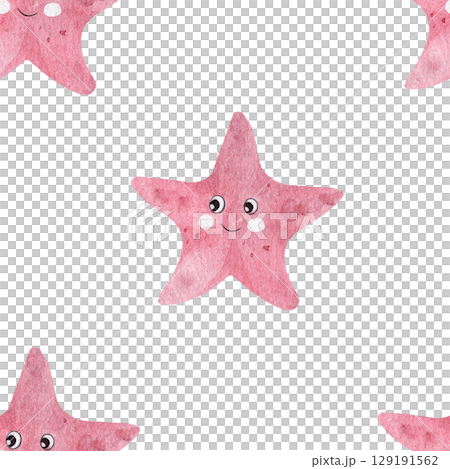Seamless watercolor pattern featuring a pink starfish with eyes and a smile. Children's marine theme. White background, hand-drawn. 129191562