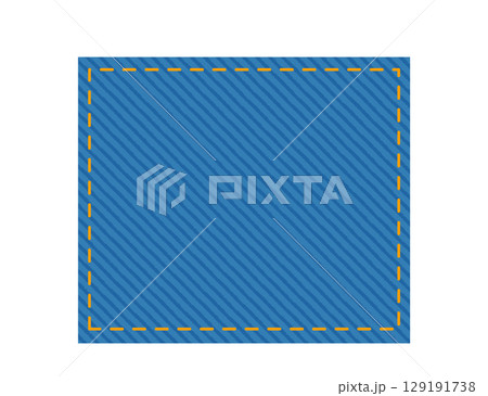 Patch denim rectangle shape with stitches seam jeans label fashion illustration. Flat apparel blue 129191738