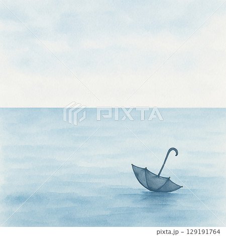 海に浮かぶ傘と曇り空の幻想的な水彩イラスト(JPEG) 海に浮かぶ傘と曇り空の幻想的な水彩イラスト(JPEG) 129191764