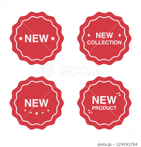Red badges with new product and collection labels, promotional design. Vector illustration 129191784