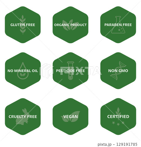 Green hexagonal labels with icons and text for various product certifications. Vector illustration Green hexagonal labels with icons and text for various product certifications. Vector illustration 129191785