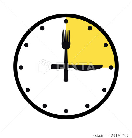 Fork and knife forming a clock with a yellow highlighted quarter. Vector illustration 129191797