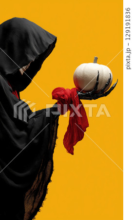 Mysterious figure in black cloak holds white pumpkin with red ribbon against vibrant orange background 129191836
