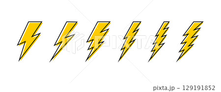 Set of yellow bolt icons. Thunderbolt signs isolated on white background. Lightning silhouettes. Flash light, electric power, energy, speed or battery charging symbols. Vector flat illustration Set of yellow bolt icons. Thunderbolt signs isolated on white background. Lightning silhouettes. Flash light, electric power, energy, speed or battery charging symbols. Vector flat illustration 129191852